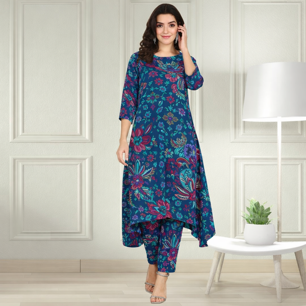 Floral Printed Spandex Kurti Pant Co-Ord Set for Women | Stretchable & Stylish Ethnic Wear
