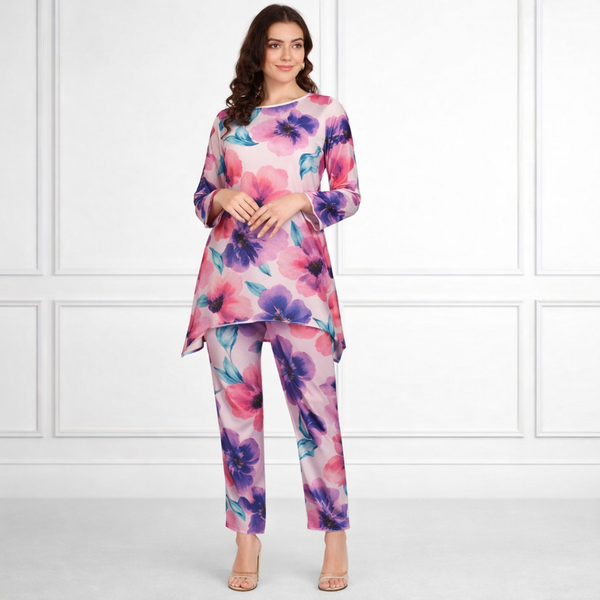 🌸 Floral Printed Spandex Kurti Pant Co-Ord Set 🌸