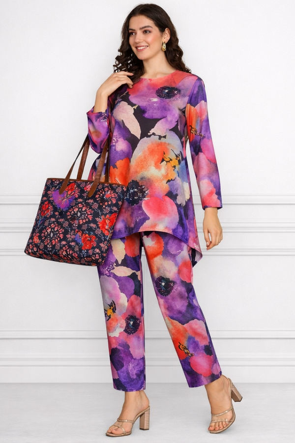 🌸 Floral Printed Spandex Kurti Pant Co-Ord Set 🌸