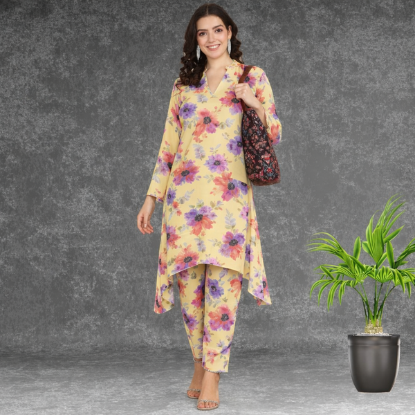 🌸 Floral Print Spandex Kurti Pant Co-Ord Set 🌸