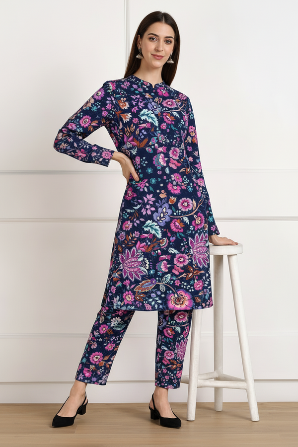 🌸 Floral Printed Spandex Kurti Pant Co-Ord Set 🌸