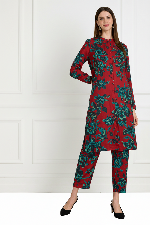 🌸 Floral Printed Spandex Kurti Pant Co-Ord Set 🌸