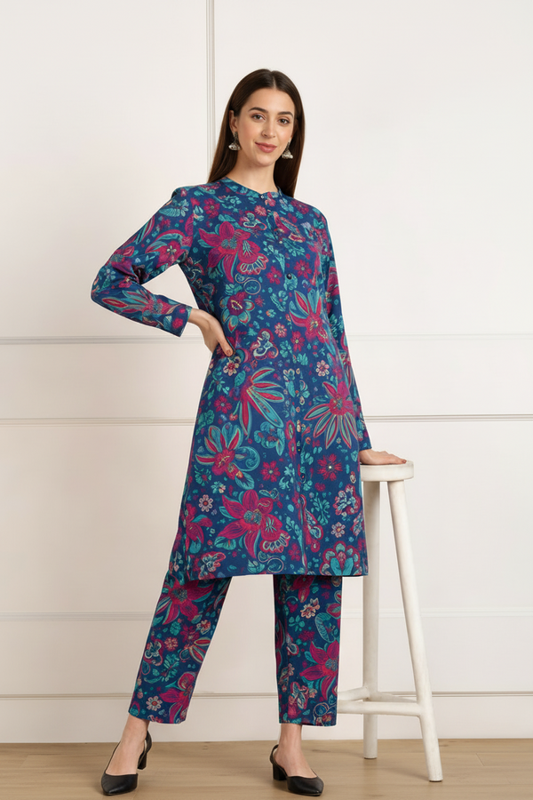 🌸 Floral Printed Spandex Kurti Pant Co-Ord Set 🌸