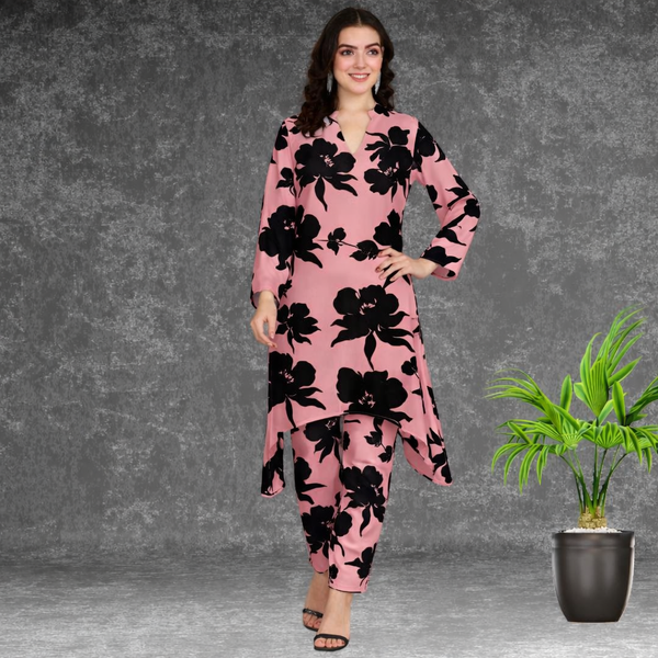 🌸 Floral Print Spandex Kurti Pant Co-Ord Set 🌸