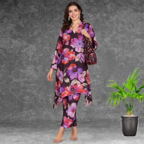 🌸 Floral Print Spandex Kurti Pant Co-Ord Set 🌸