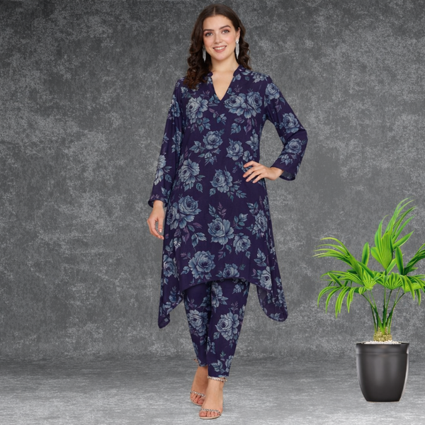🌸 Floral Print Spandex Kurti Pant Co-Ord Set 🌸