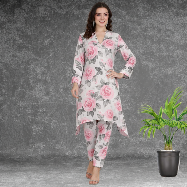 🌸 Floral Print Spandex Kurti Pant Co-Ord Set 🌸