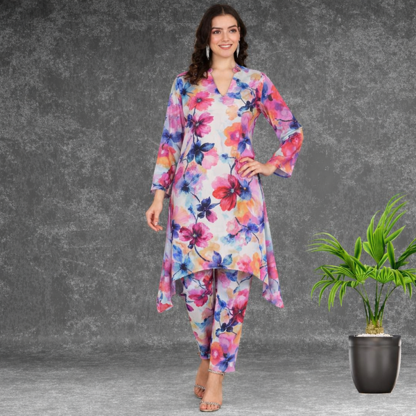 🌸 Floral Print Spandex Kurti Pant Co-Ord Set 🌸