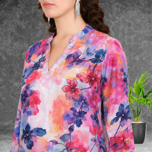 🌸 Floral Print Spandex Kurti Pant Co-Ord Set 🌸