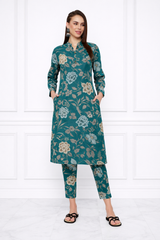 🌸 Floral Printed Spandex Kurti Pant Co-Ord Set 🌸
