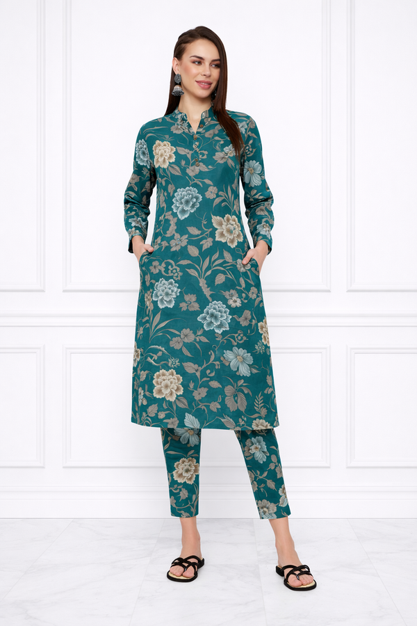 🌸 Floral Printed Spandex Kurti Pant Co-Ord Set 🌸