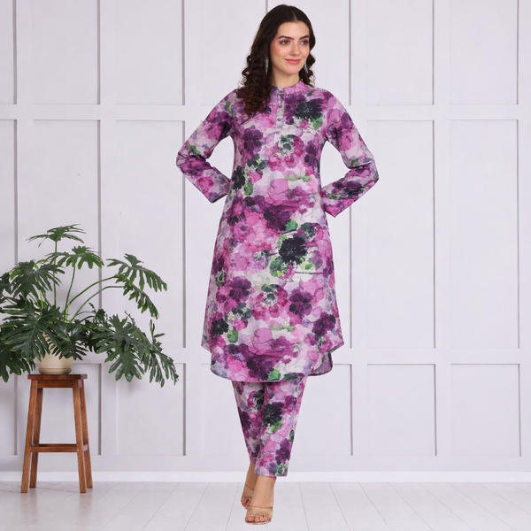 🌸 Floral Printed Spandex Kurti Pant Co-Ord Set 🌸