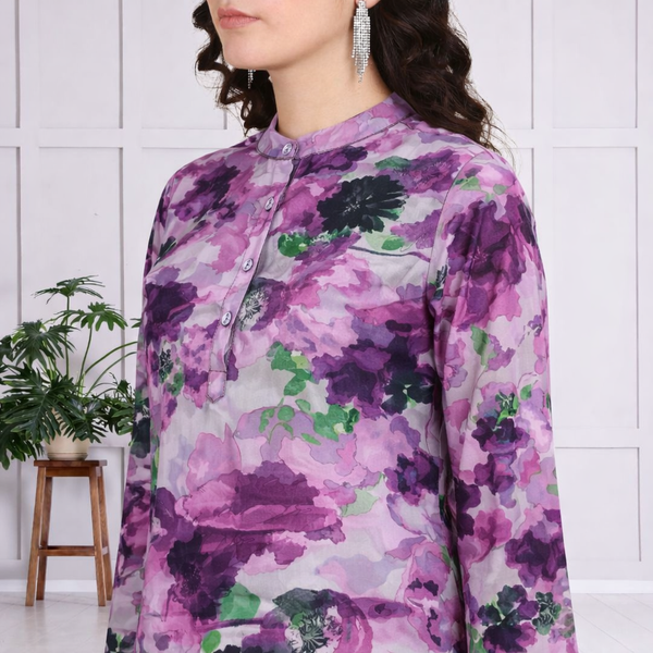 🌸 Floral Printed Spandex Kurti Pant Co-Ord Set 🌸