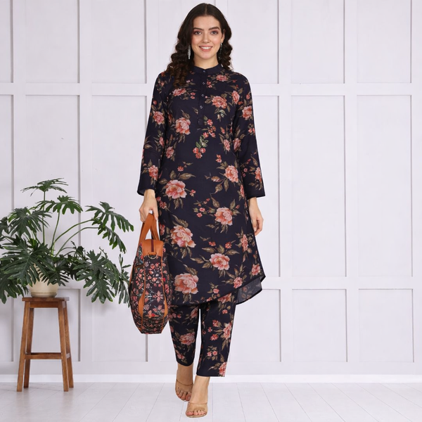 🌸 Floral Printed Spandex Kurti Pant Co-Ord Set 🌸