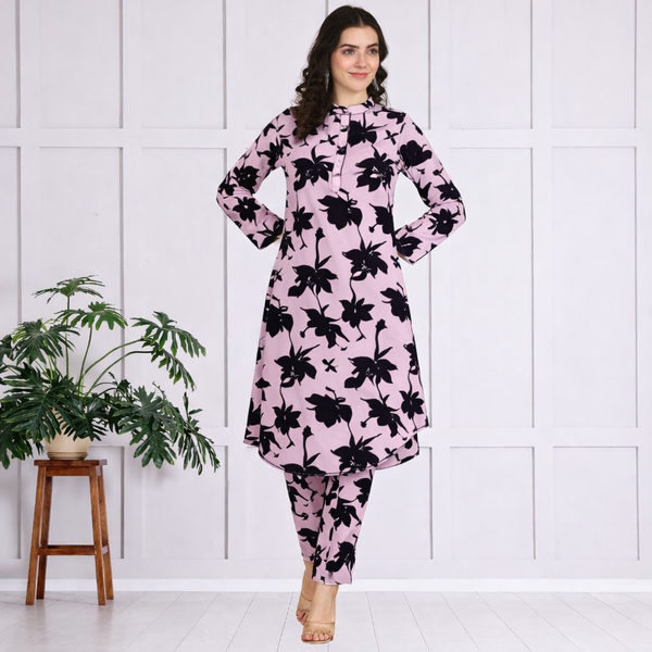 🌸 Floral Printed Spandex Kurti Pant Co-Ord Set 🌸
