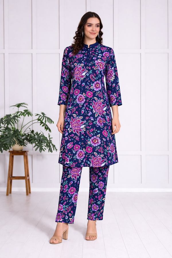 🌸 Floral Print Spandex Kurti Pant Co-Ord Set 🌸