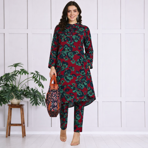 🌺 Floral print spandex kurti‑pant co‑ord set