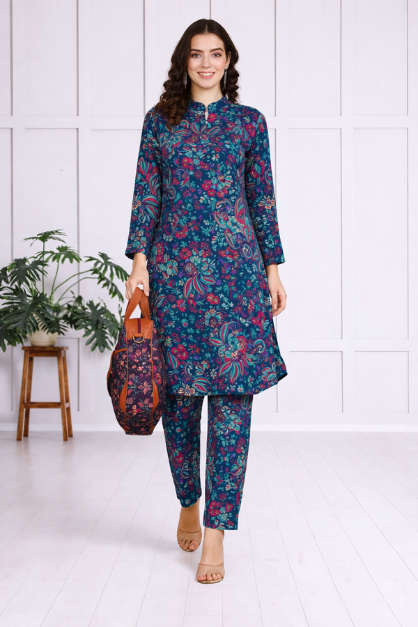 🌺 Floral print spandex kurti‑pant co‑ord set