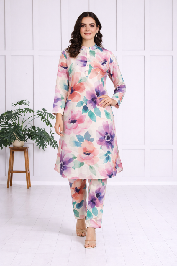 🌺 Floral print spandex kurti‑pant co‑ord set