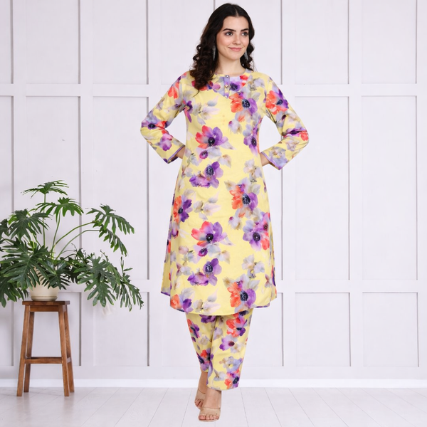 🌺 Floral print spandex kurti‑pant co‑ord set