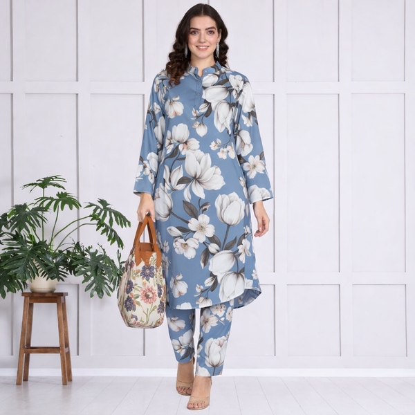 🌺 Floral print spandex kurti‑pant co‑ord set