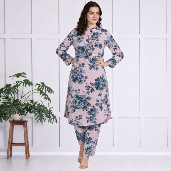 🌺 Floral print spandex kurti‑pant co‑ord set