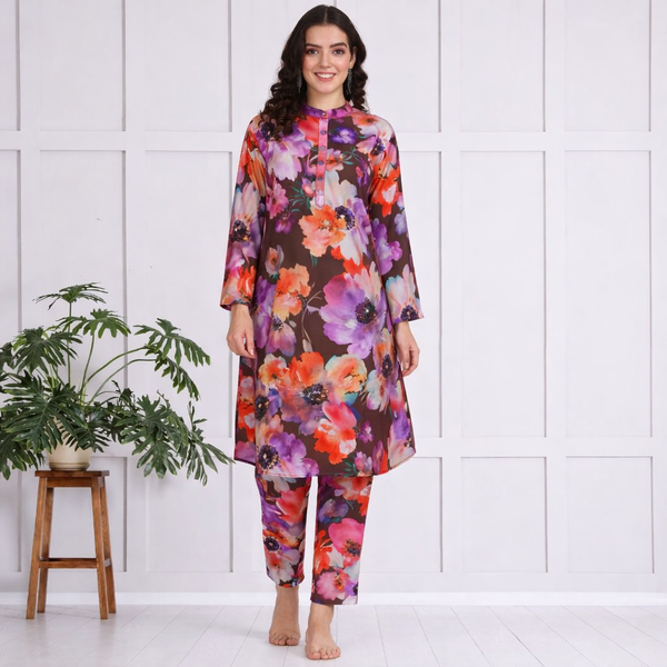 🌺 Floral print spandex kurti‑pant co‑ord set