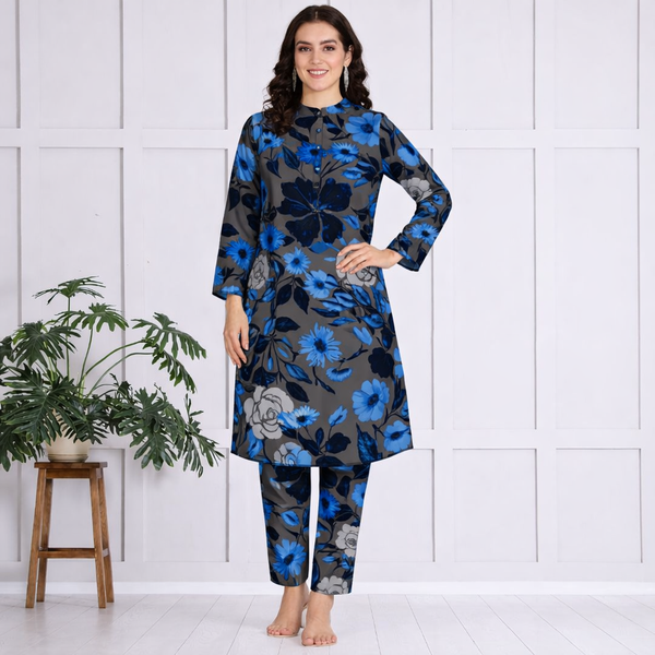 🌺 Floral print spandex kurti‑pant co‑ord set