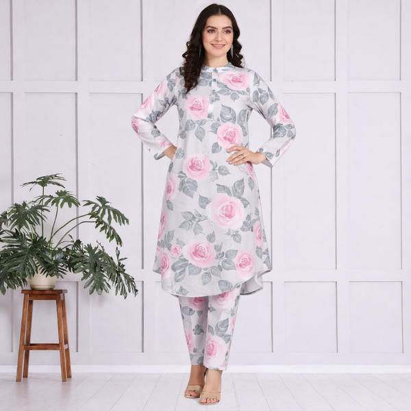 🌺 Floral print spandex kurti‑pant co‑ord set