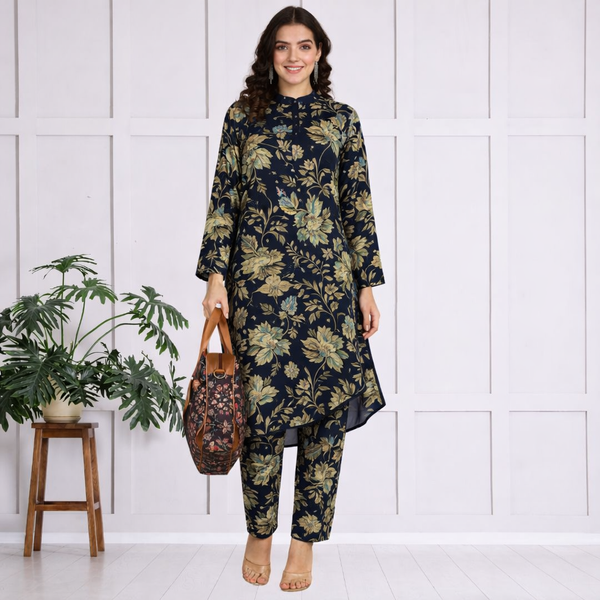🌺 Floral print spandex kurti‑pant co‑ord set