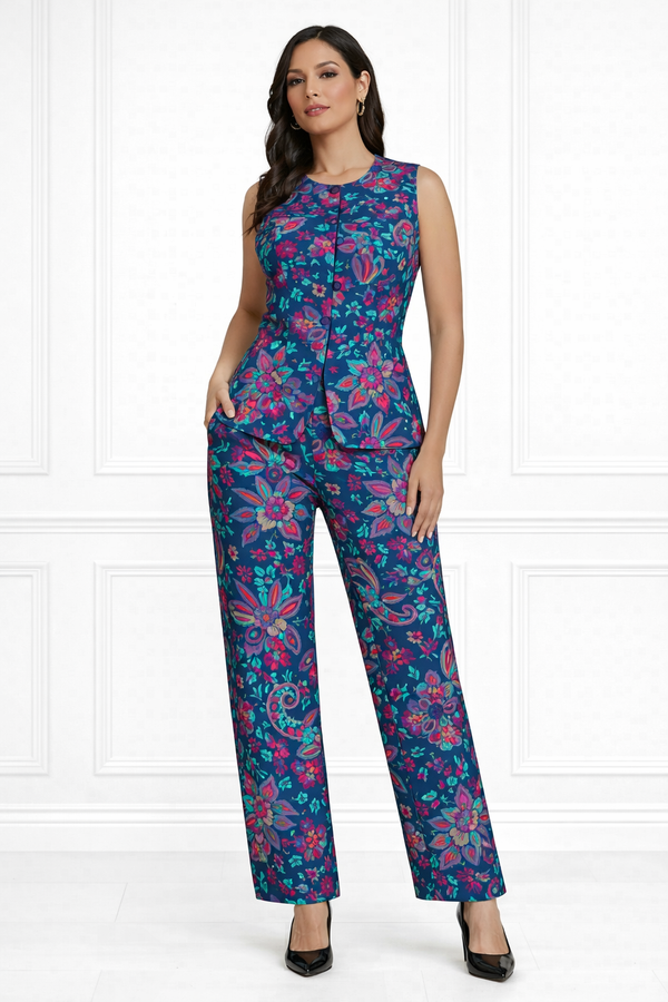 Spandex Floral Print Jacket & Pant Co-Ord Set for Women