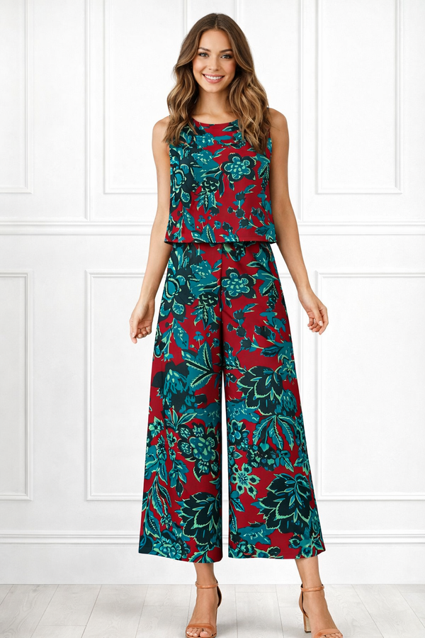 Spandex Floral Print Crop Top & Pant Co-Ord Set for Women