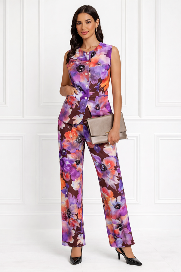 Spandex Floral Print Jacket & Pant Co-Ord Set for Women