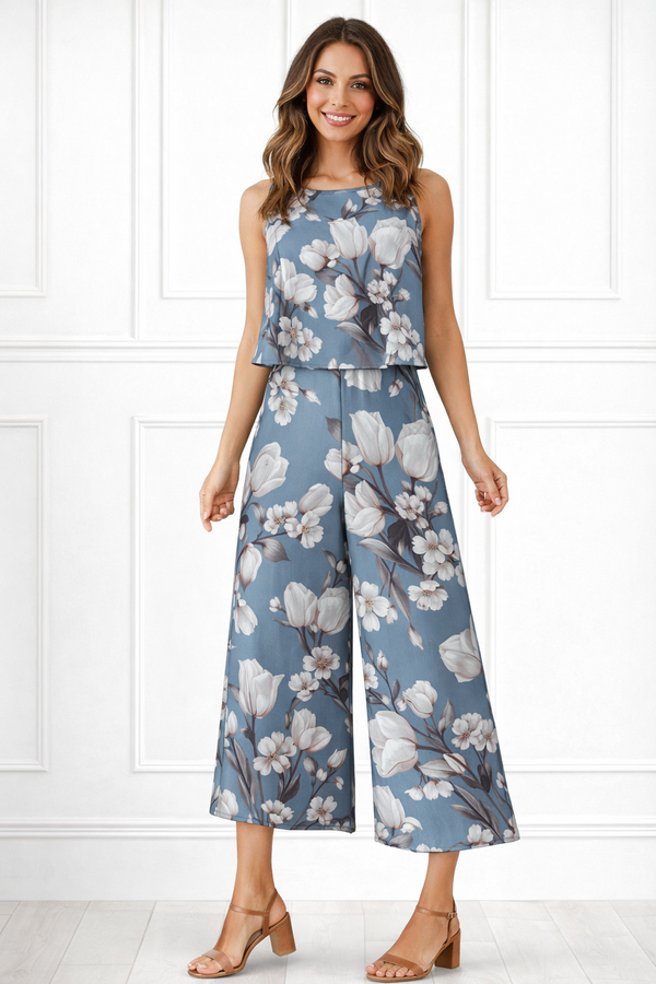 Spandex Floral Print Crop Top & Pant Co-Ord Set for Women
