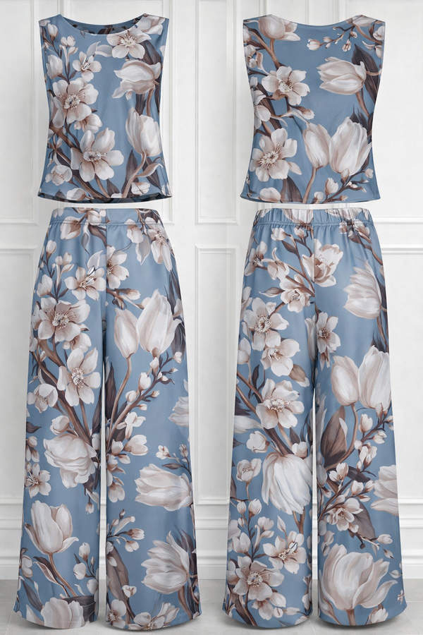 Spandex Floral Print Crop Top & Pant Co-Ord Set for Women
