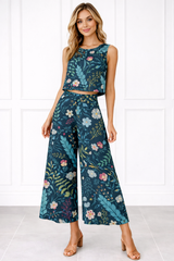Spandex Floral Print Crop Top & Pant Co-Ord Set for Women