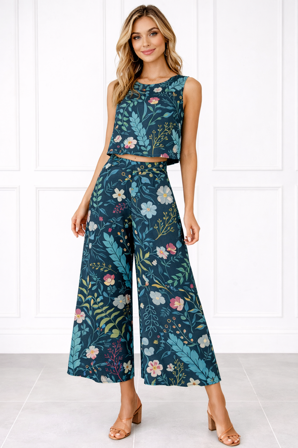 Spandex Floral Print Crop Top & Pant Co-Ord Set for Women