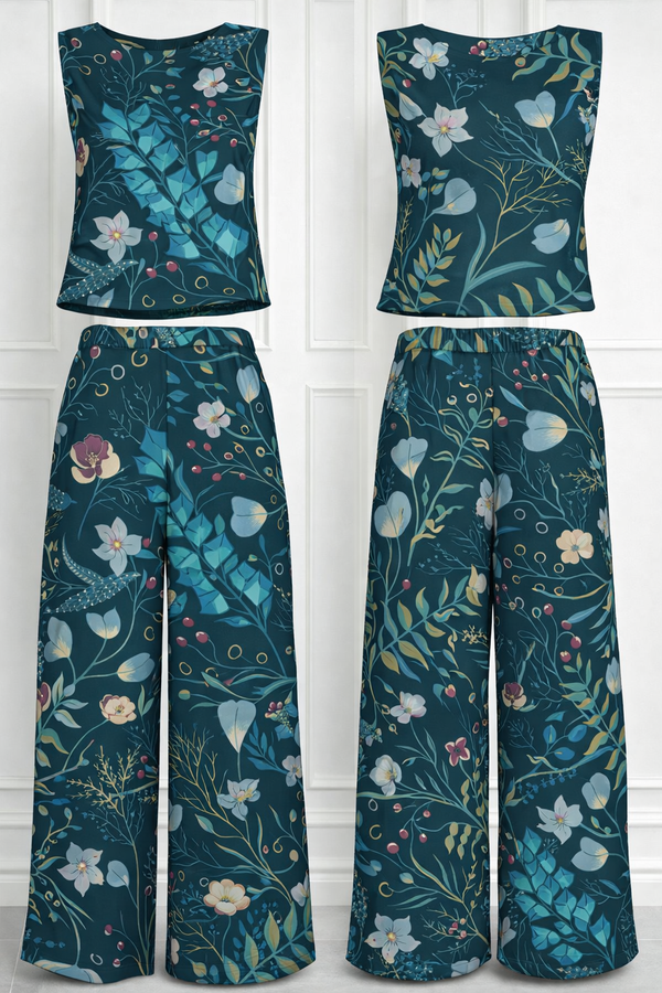 Spandex Floral Print Crop Top & Pant Co-Ord Set for Women