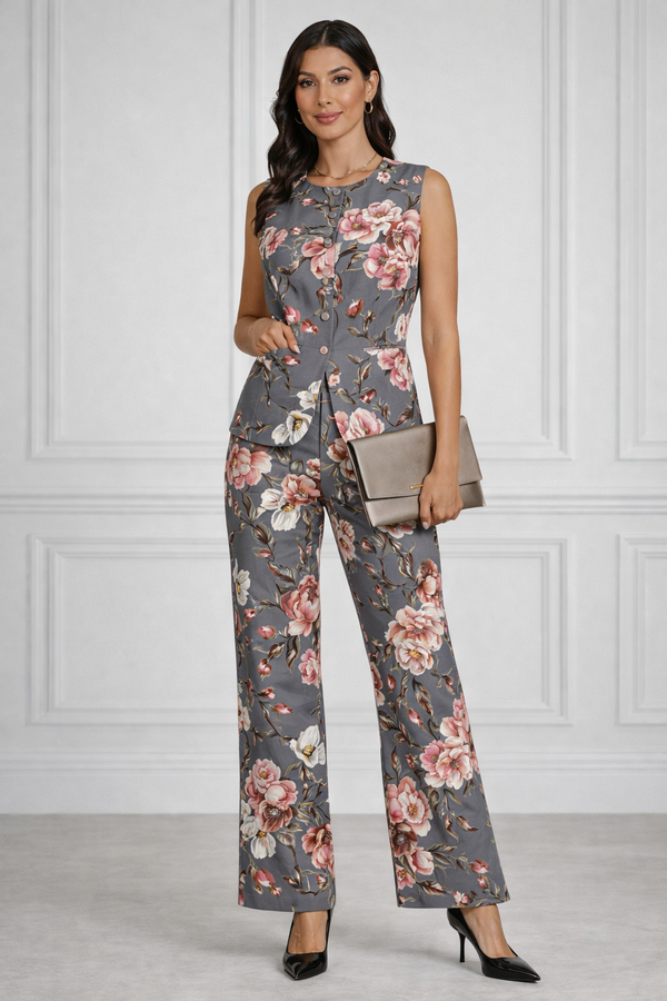 Spandex Floral Print Jacket & Pant Co-Ord Set for Women