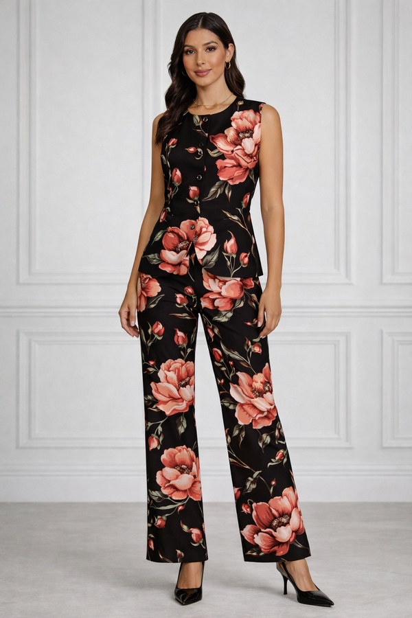 Spandex Floral Print Jacket & Pant Co-Ord Set for Women