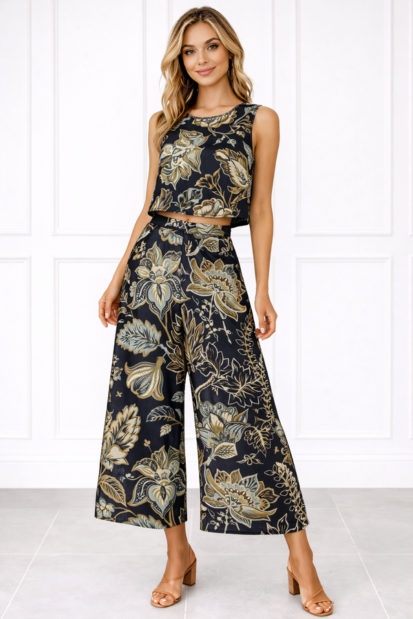 Spandex Floral Print Crop Top & Pant Co-Ord Set for Women
