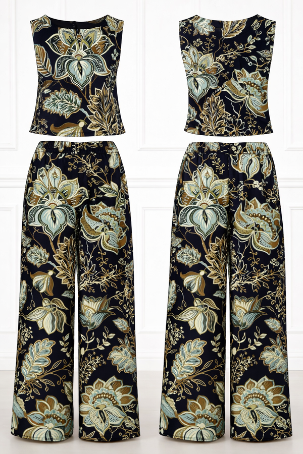 Spandex Floral Print Crop Top & Pant Co-Ord Set for Women
