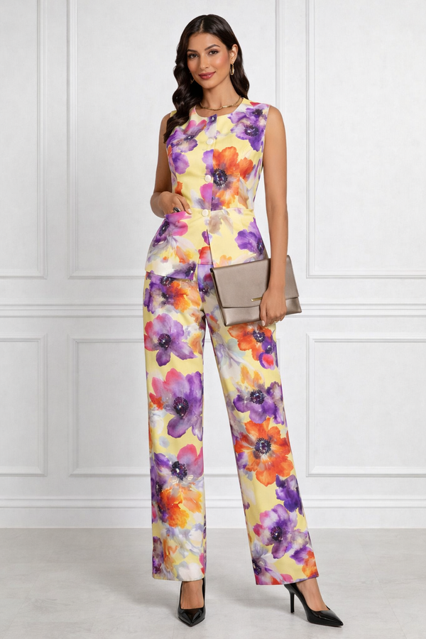Spandex Floral Print Jacket & Pant Co-Ord Set for Women
