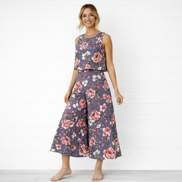 Spandex Floral Print Crop Top & Pant Co-Ord Set for Women