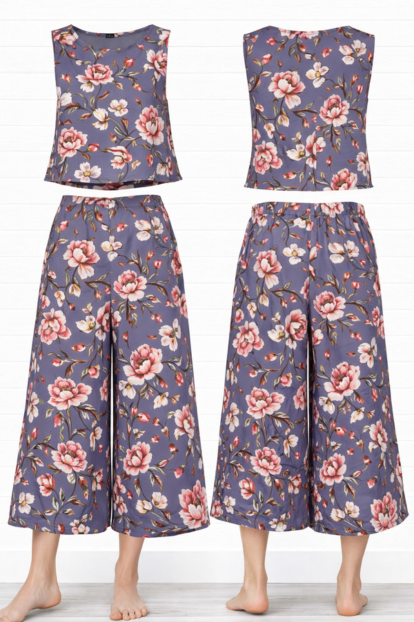 Spandex Floral Print Crop Top & Pant Co-Ord Set for Women