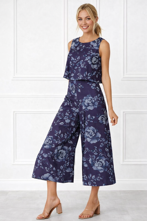 Spandex Floral Print Crop Top & Pant Co-Ord Set for Women