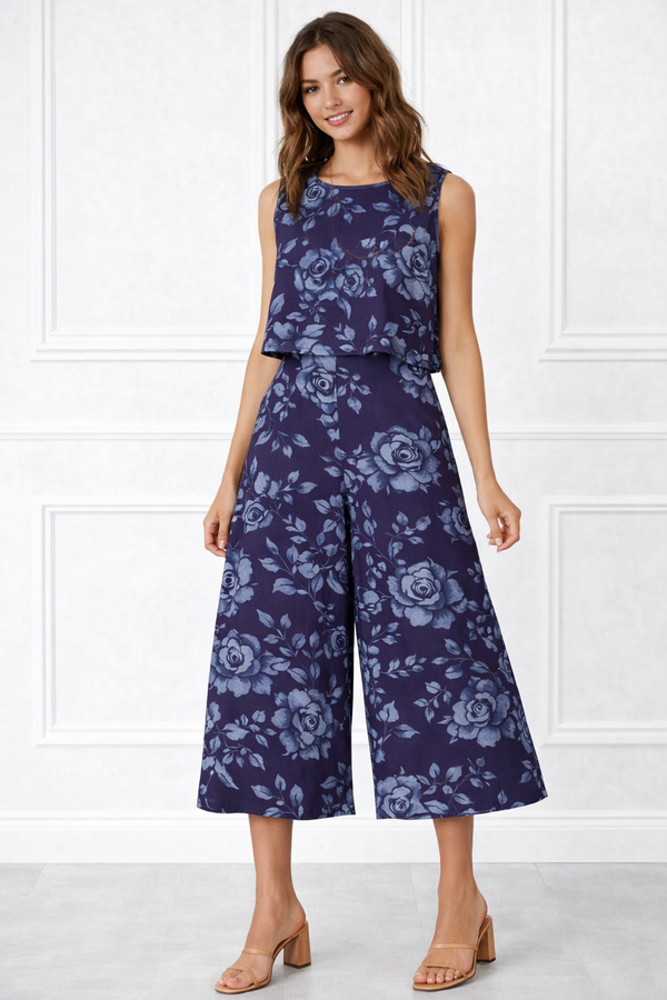 Spandex Floral Print Crop Top & Pant Co-Ord Set for Women