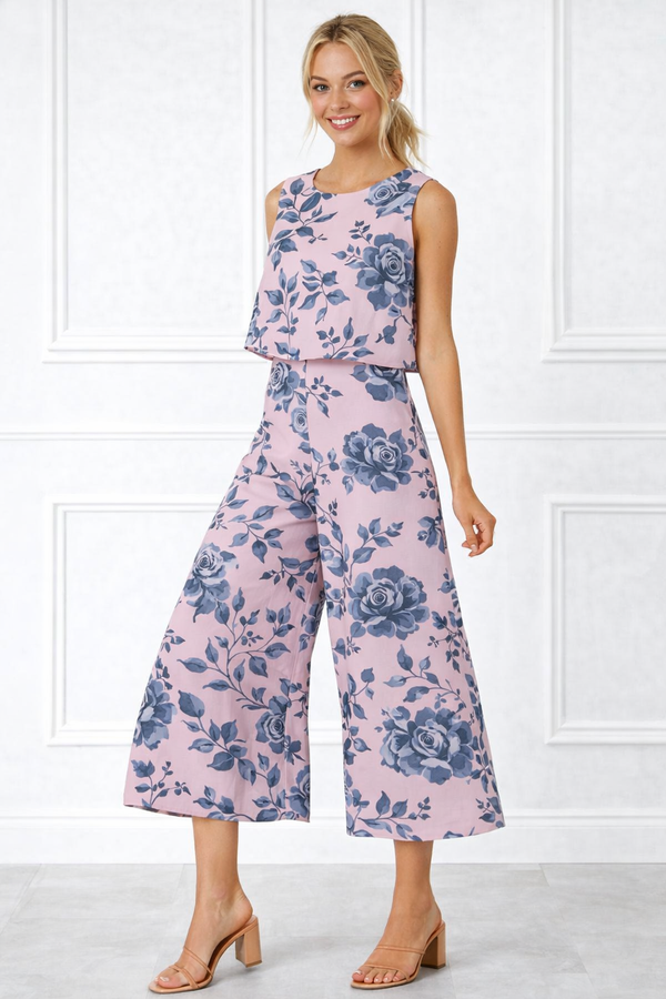Spandex Floral Print Crop Top & Pant Co-Ord Set for Women