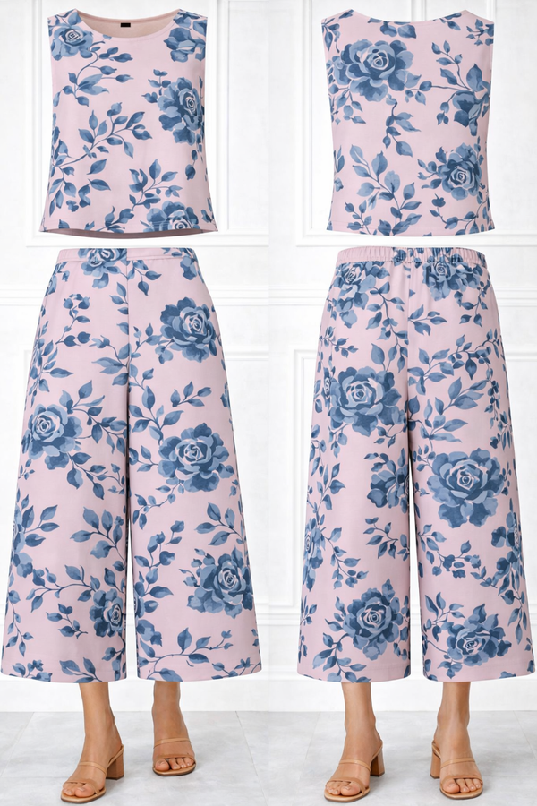 Spandex Floral Print Crop Top & Pant Co-Ord Set for Women