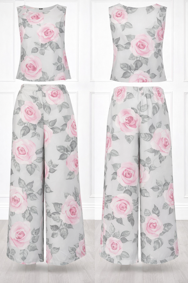 Spandex Floral Print Crop Top & Pant Co-Ord Set for Women